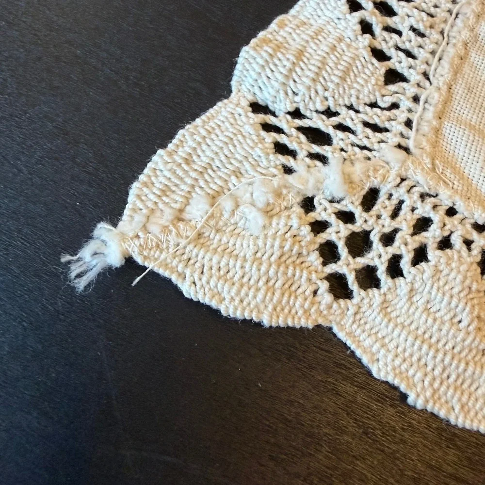 Vintage Off White Linen Dresser Scarf Crochet Lace Trim Small Table Runner 13x6